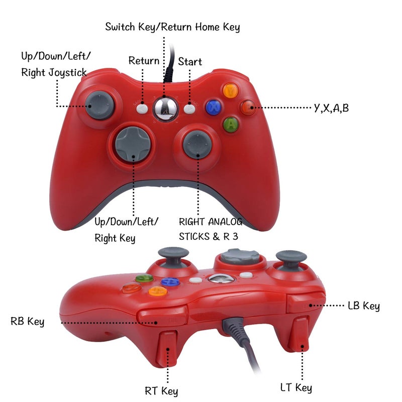 ONE250 USB Wired Game Pad Controller, Compatible with Xbox 360, Xbox 360 Slim, Windows PC - Replacement USB Wired Gamepad (Red) - Image 2